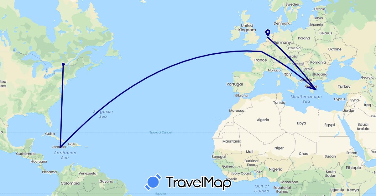 TravelMap itinerary: driving in Canada, France, Greece, Jamaica, Netherlands (Europe, North America)